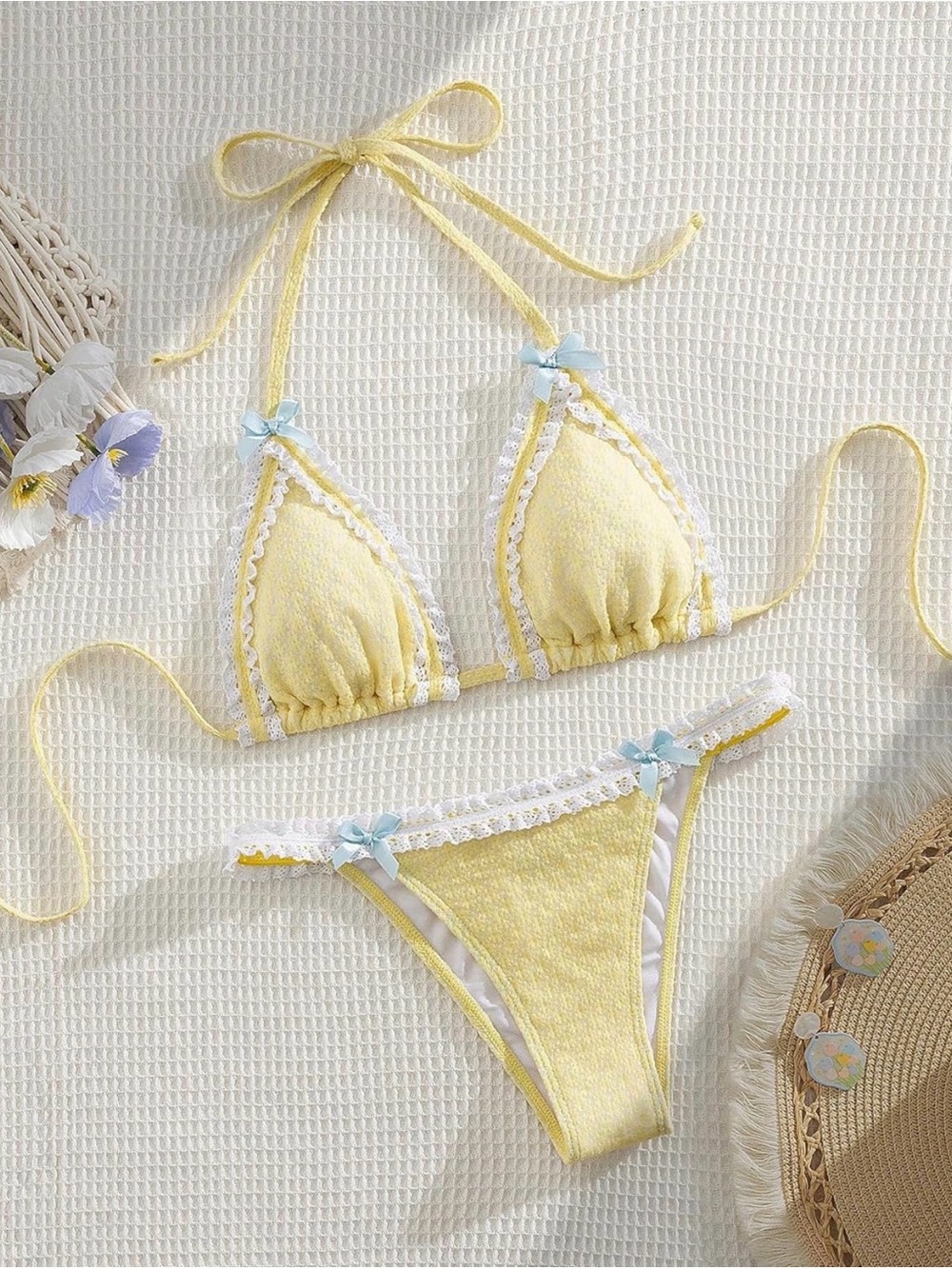 Amazon Yellow Lace Trim Bikini Set with Blue Bow Accents